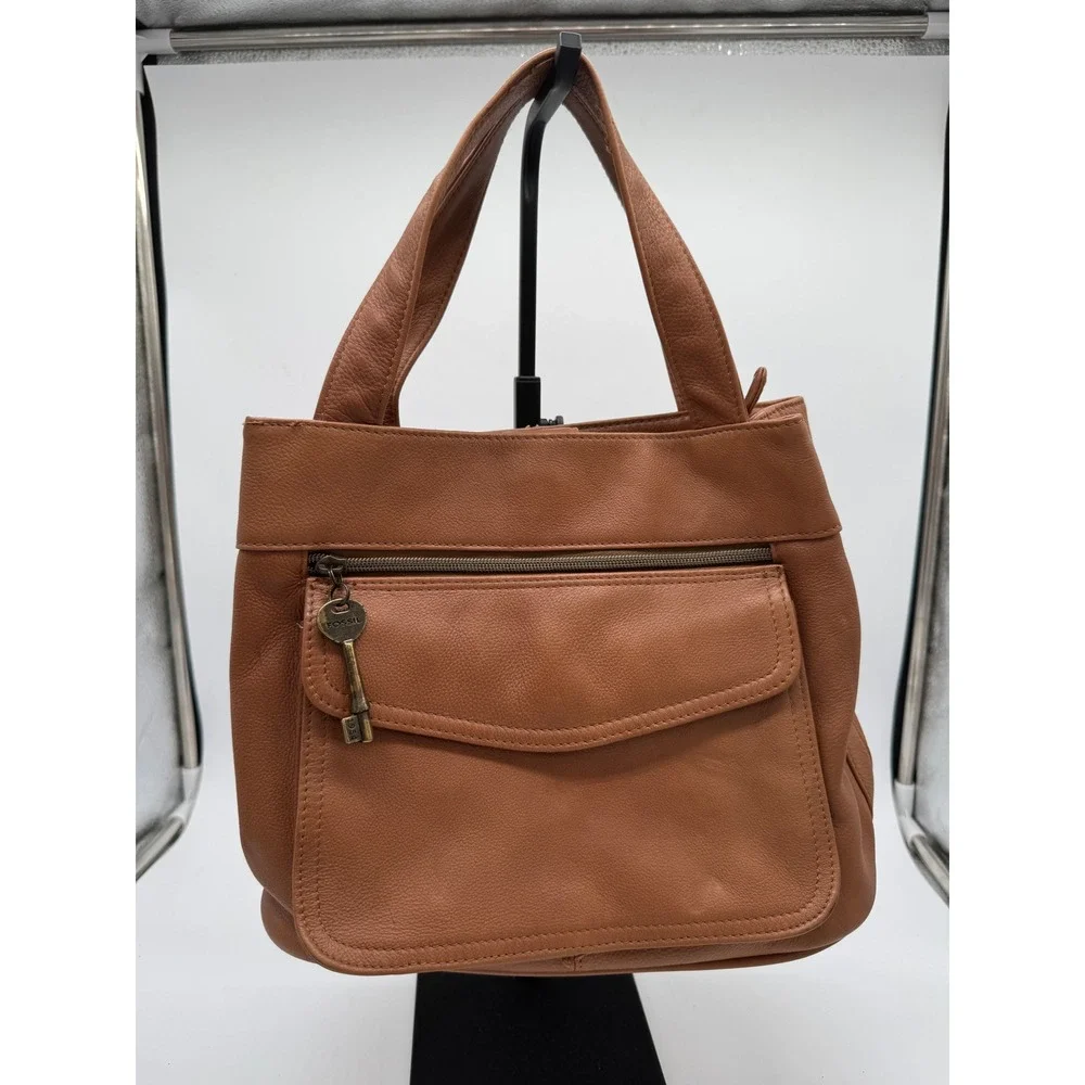 Vintage FOSSIL Brown Leather Tote Shoulder Bag Hobo Classic 75082 Key Charm